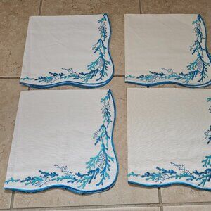 RARE 4 KIM SEYBERT AQUA TURQUOISE CORAL EMBROIDERED COTTON LINEN DINNER NAPKIN